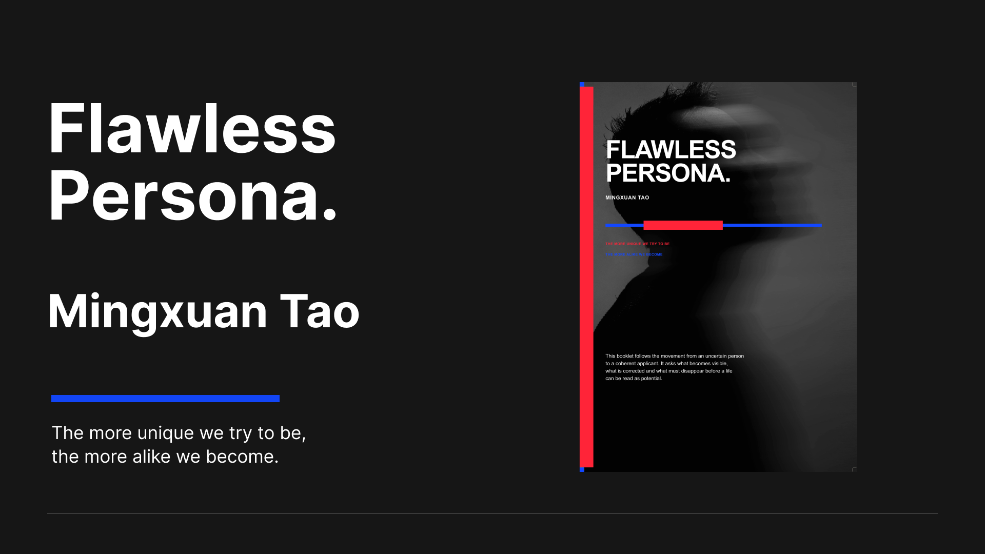Flawless Persona portfolio cover with a blue booklet and fragmented portrait