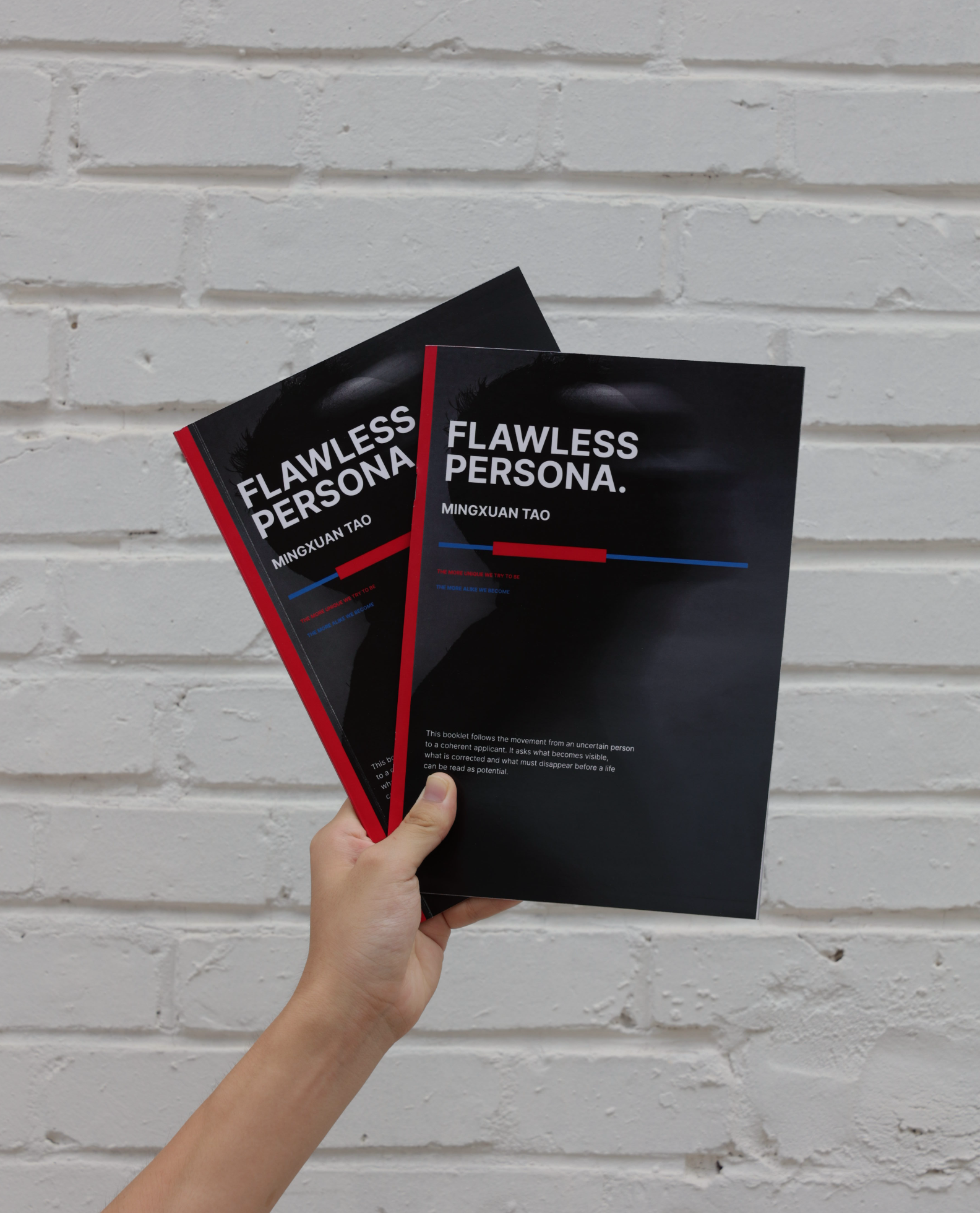 Two printed Flawless Persona booklet covers held by hand