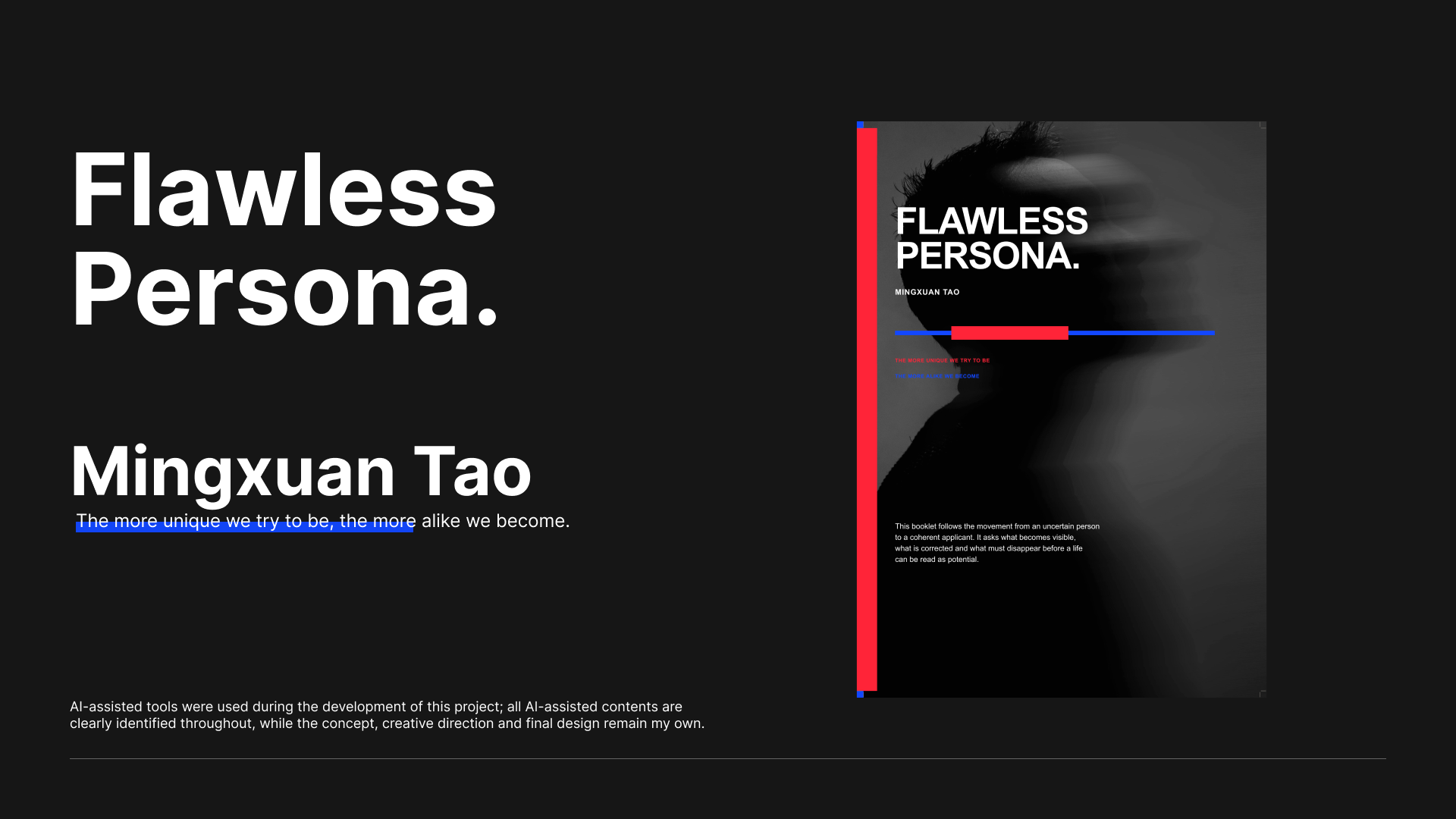 Updated Flawless Persona portfolio cover with an AI-assistance disclosure